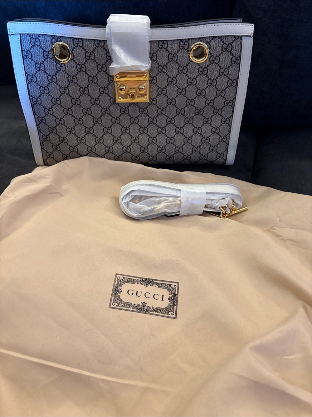 Gucci GG Canvas Shoulder Bag with White Trim and Gold Hardware